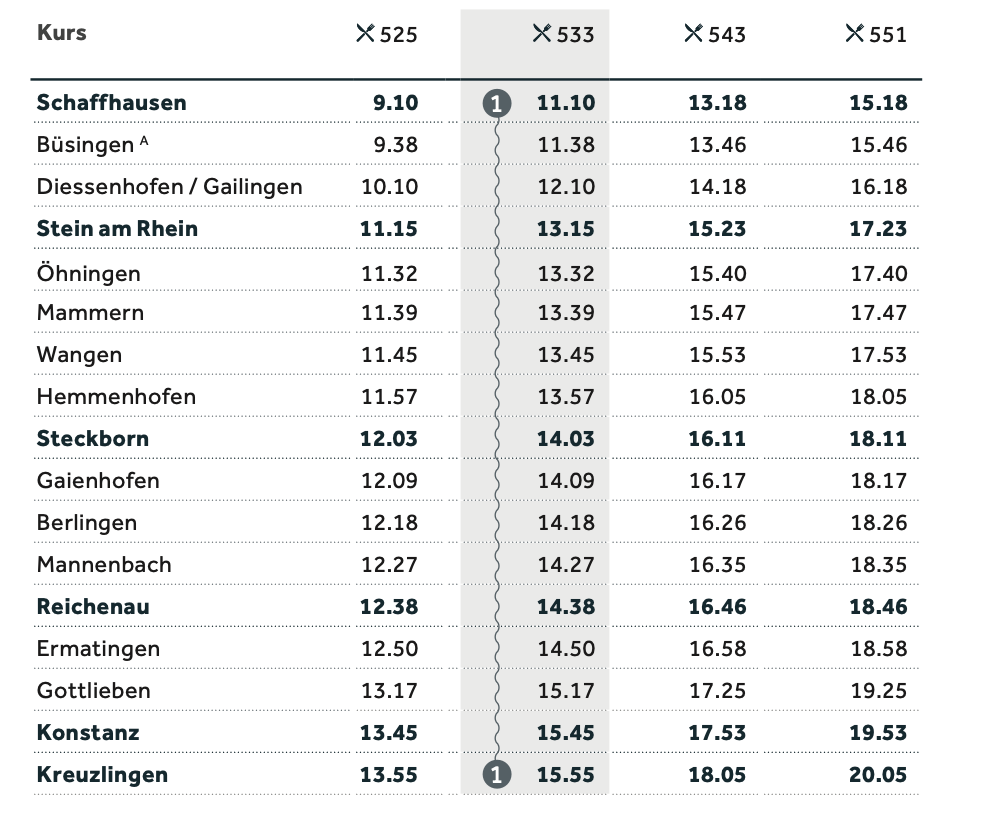 Sausonfahrplan Ausschnitt Kreuzlingen Frühjahr und Herbst